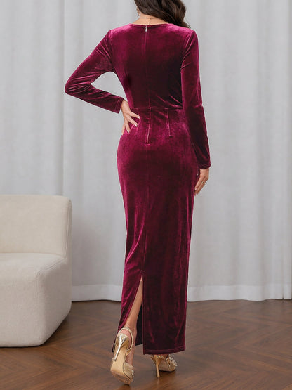Velvet Long Sleeves Ruched Slit Bodycon Dress