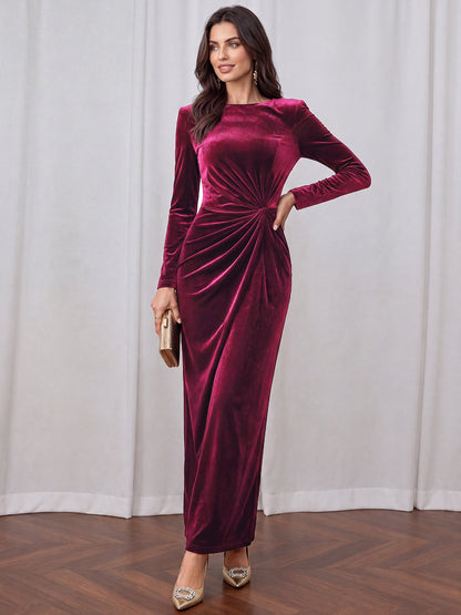 Velvet Long Sleeves Ruched Slit Bodycon Dress