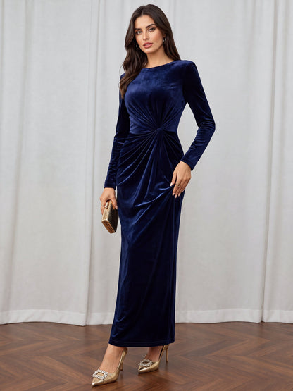 Velvet Long Sleeves Ruched Slit Bodycon Dress