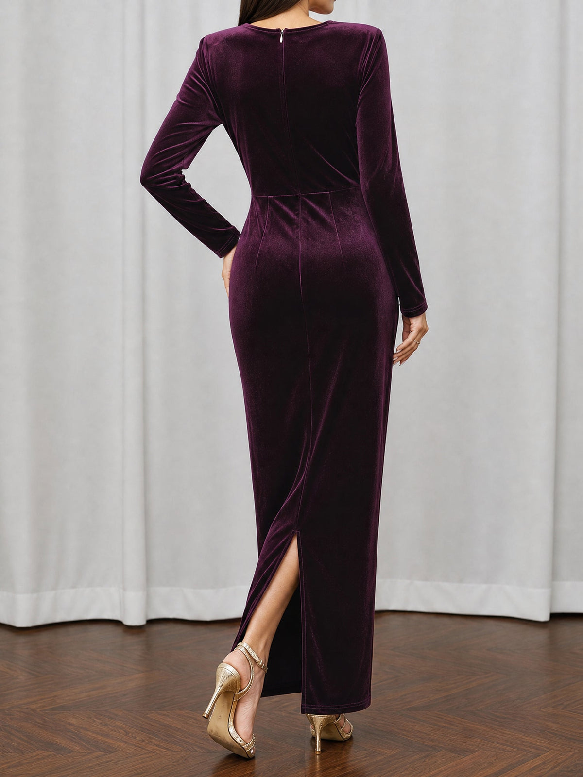 Velvet Long Sleeves Ruched Slit Bodycon Dress