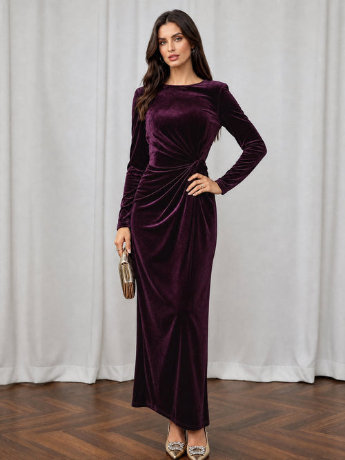 Velvet Long Sleeves Ruched Slit Bodycon Dress