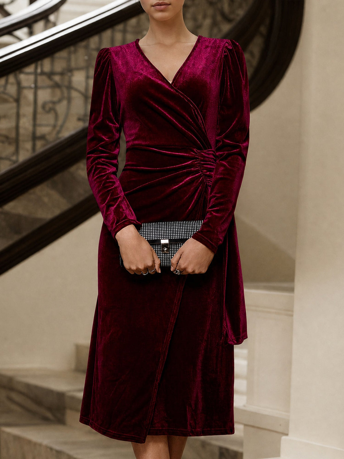 Velvet V Neck Puff Sleeves Ruched Midi Dress