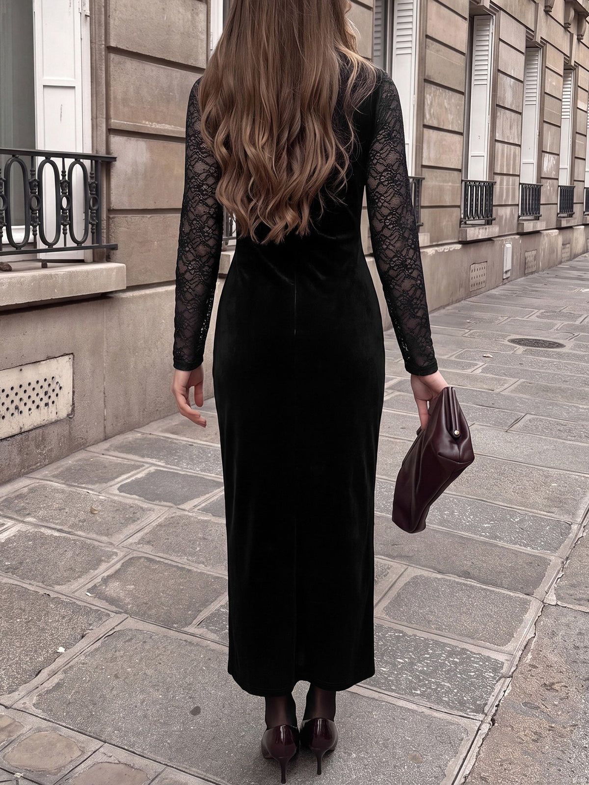 Lace Velvet Patchwork Bodycon Maxi Slit Dress
