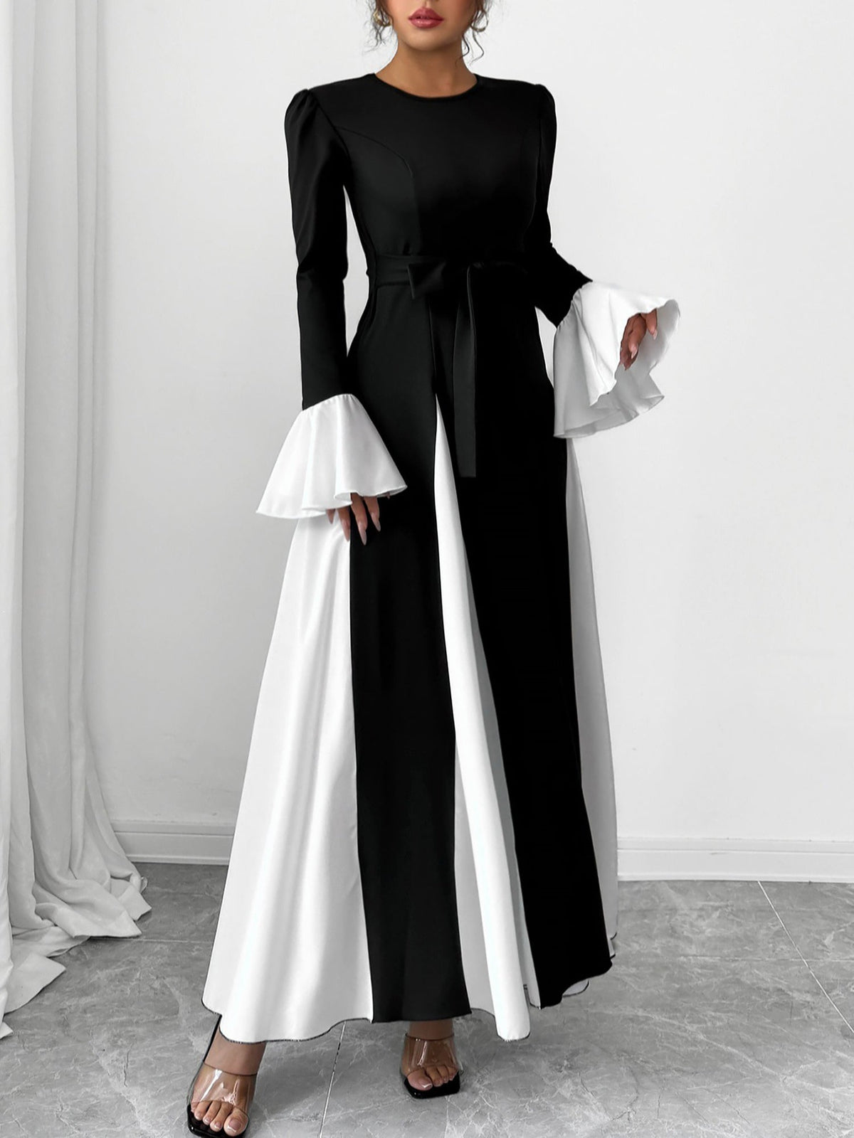 Colorblock Long Bell Sleeves A-Line Maxi Dress