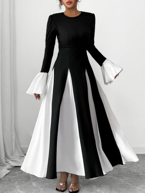 Colorblock Long Bell Sleeves A-Line Maxi Dress