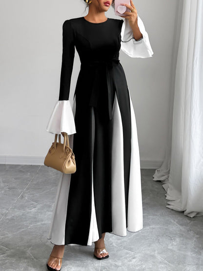 Colorblock Long Bell Sleeves A-Line Maxi Dress
