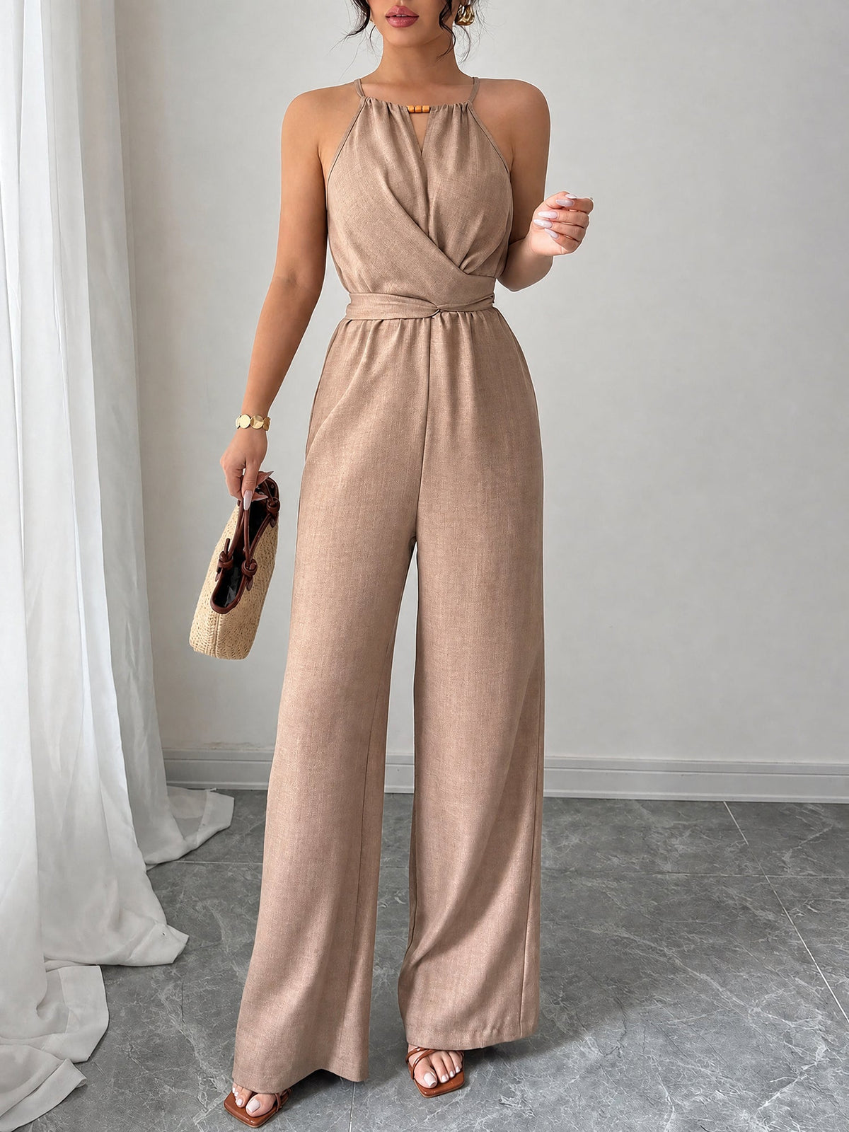 Sleeveless Criss Cross Lace-Up Wide Legs Jumpsuits