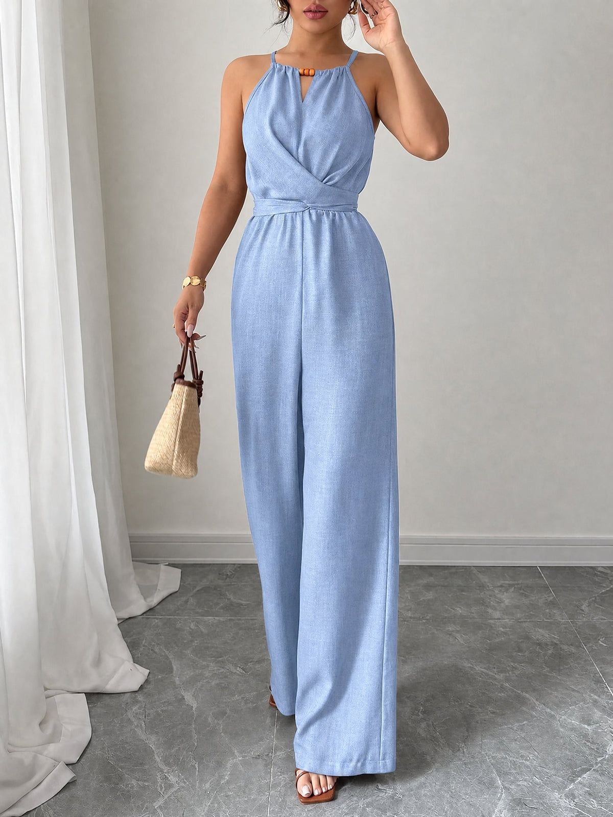Sleeveless Criss Cross Lace-Up Wide Legs Jumpsuits