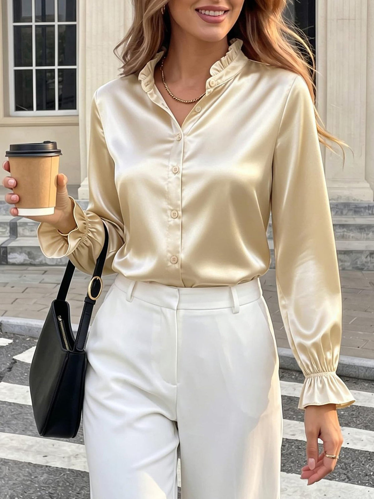 Office Work Satin Ruffled Long Sleeves Blouse