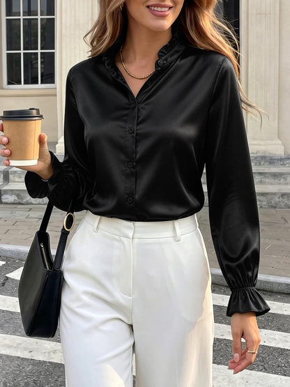 Office Work Satin Ruffled Long Sleeves Blouse