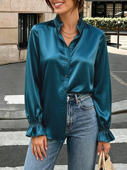 Office Work Satin Ruffled Long Sleeves Blouse