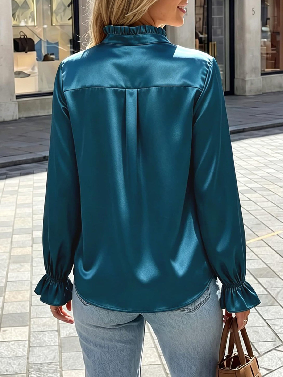 Office Work Satin Ruffled Long Sleeves Blouse