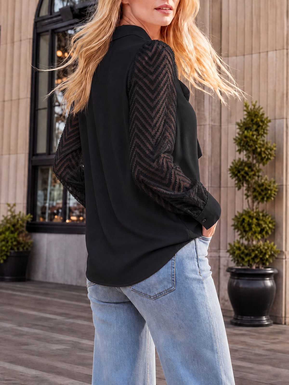 Bow Tie Neck Sheer Long Sleeves Office Blouse