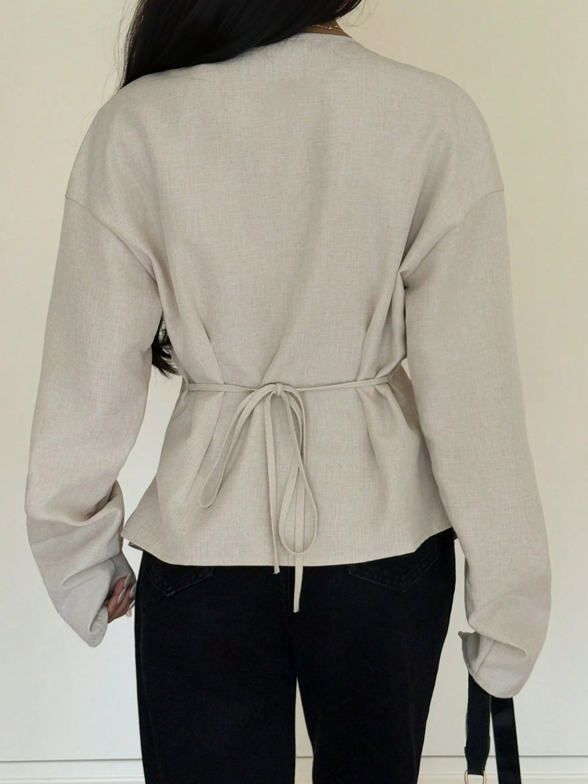 V Neck Alloy Button Ruched Lace-Up Blouse