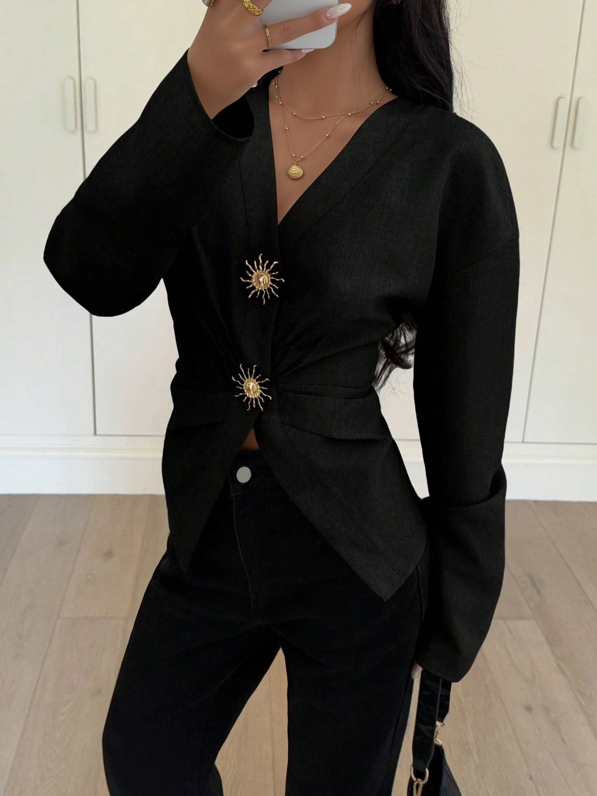V Neck Alloy Button Ruched Lace-Up Blouse