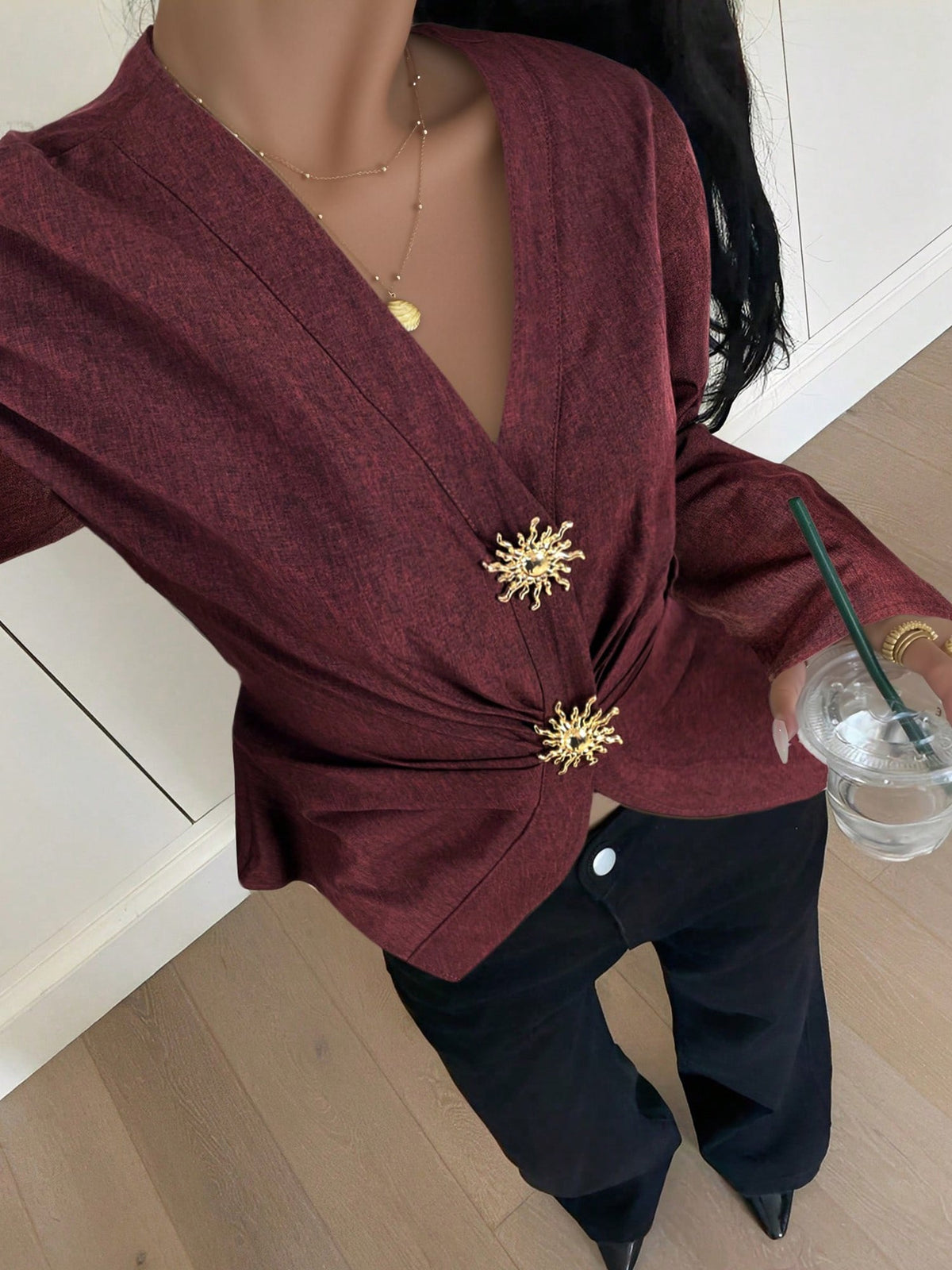 V Neck Alloy Button Ruched Lace-Up Blouse