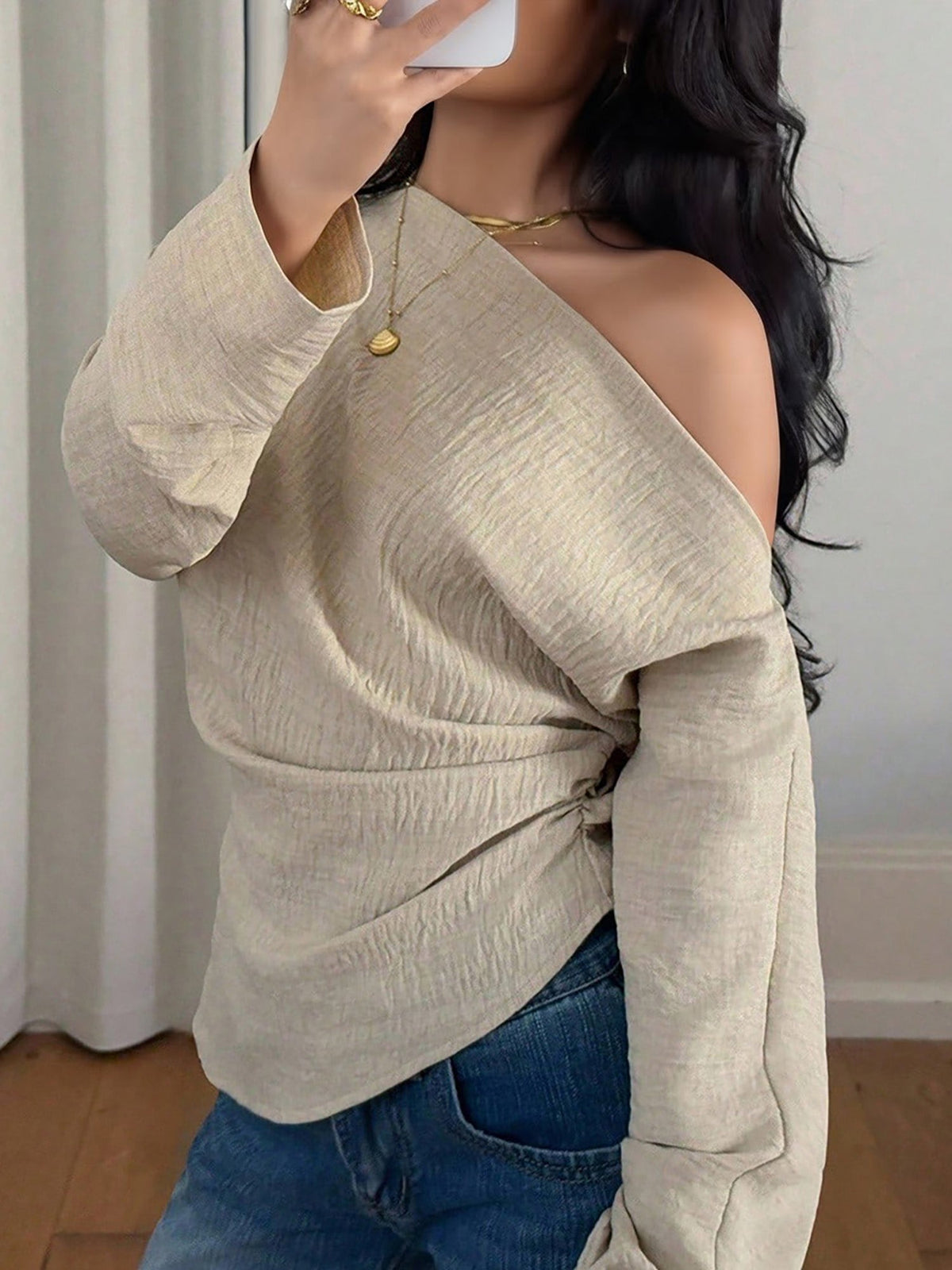 One Shoulder Long Sleeves Ruched Textured Blouse