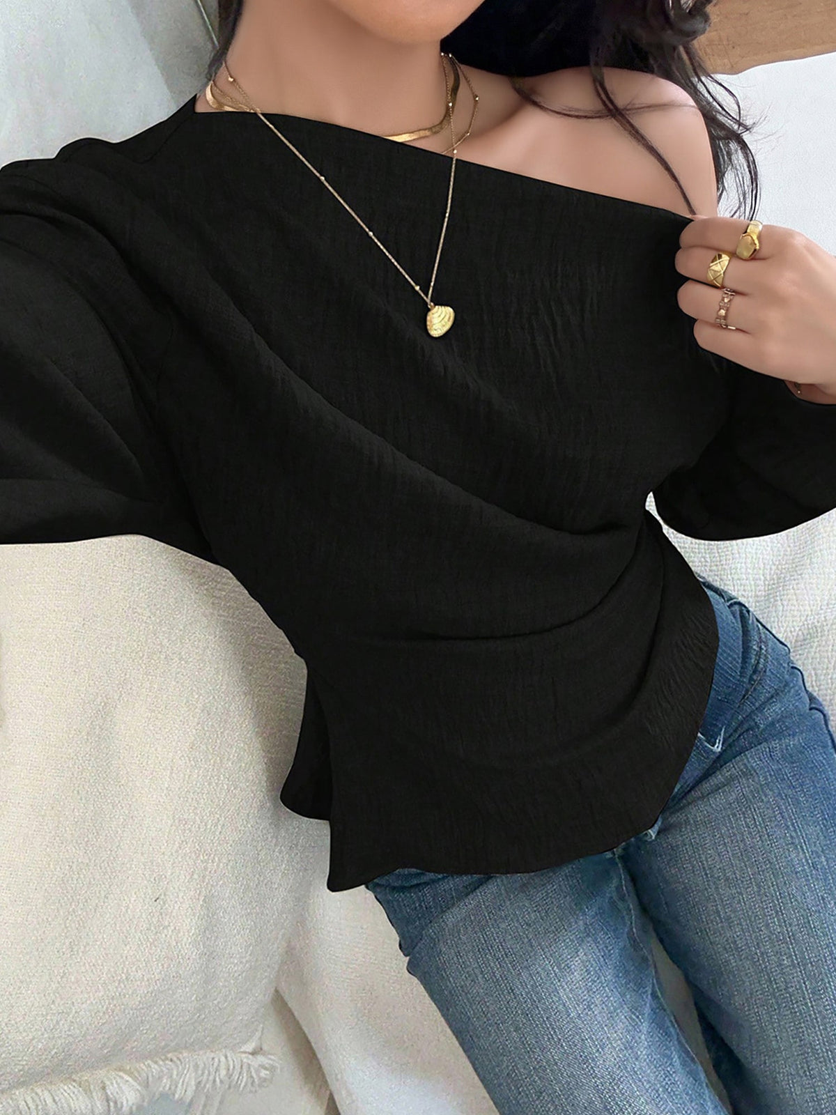 One Shoulder Long Sleeves Ruched Textured Blouse
