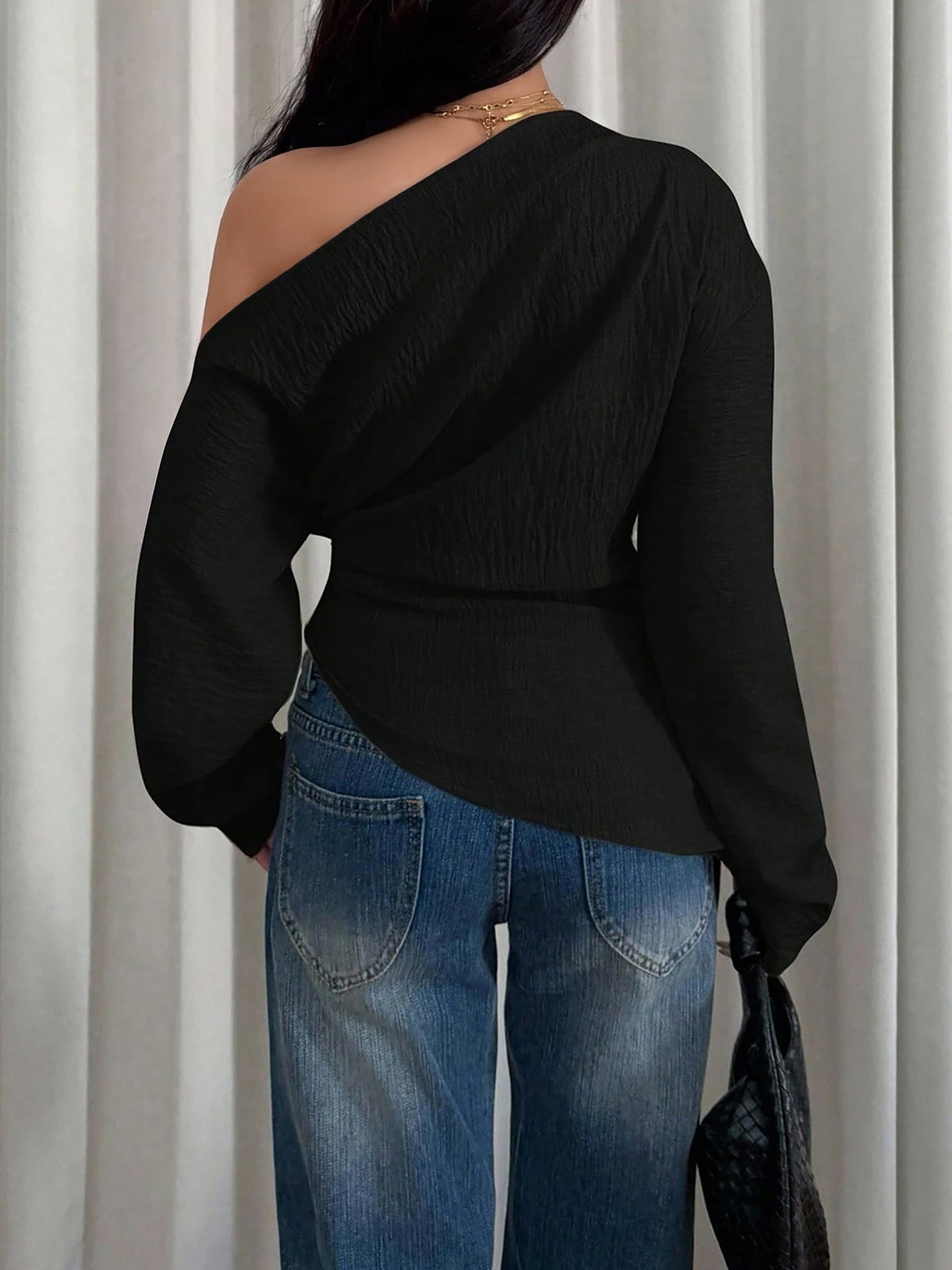 One Shoulder Long Sleeves Ruched Textured Blouse