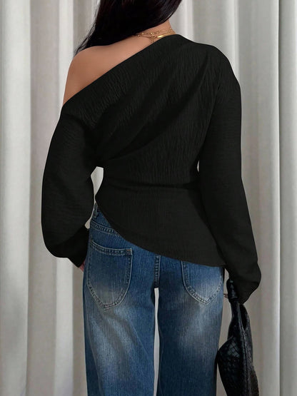 One Shoulder Long Sleeves Ruched Textured Blouse