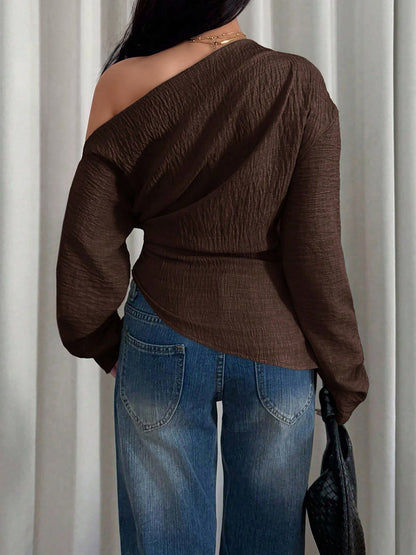 One Shoulder Long Sleeves Ruched Textured Blouse