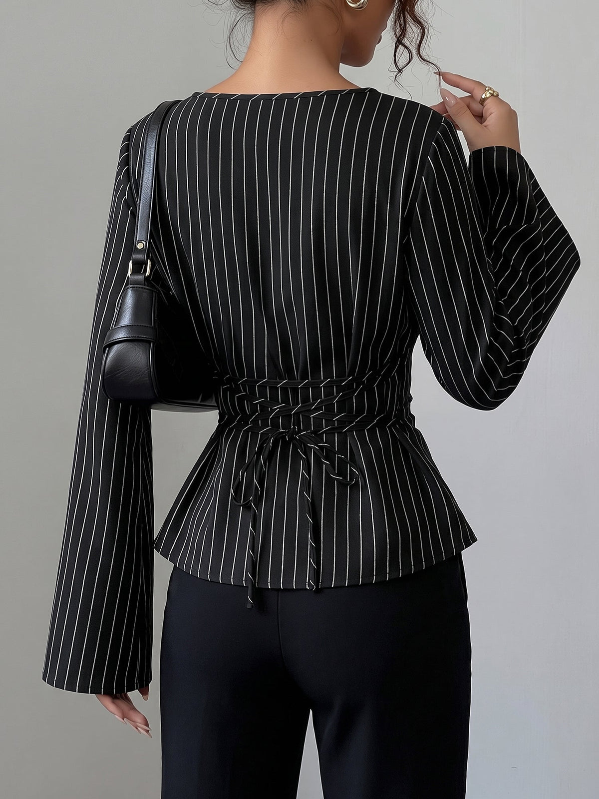 Boat Neck Bell Sleeves Striped Lace-Up Blouse