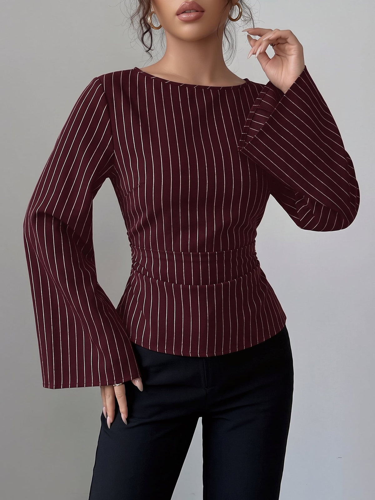 Boat Neck Bell Sleeves Striped Lace-Up Blouse