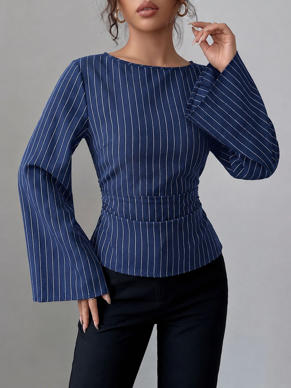 Boat Neck Bell Sleeves Striped Lace-Up Blouse