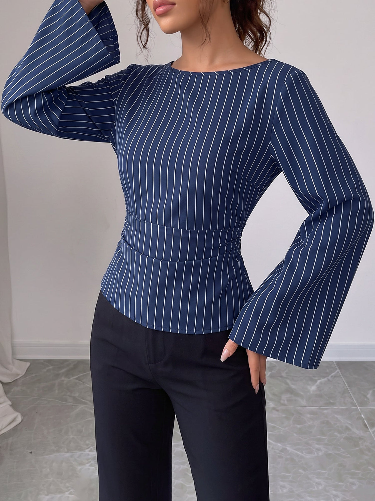 Boat Neck Bell Sleeves Striped Lace-Up Blouse