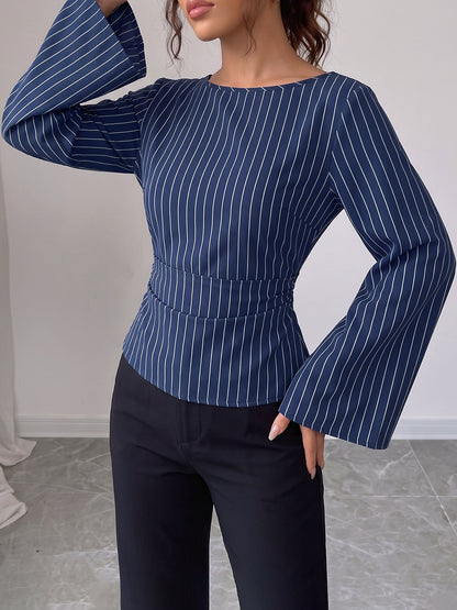 Boat Neck Bell Sleeves Striped Lace-Up Blouse