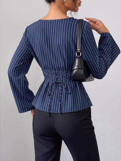 Boat Neck Bell Sleeves Striped Lace-Up Blouse