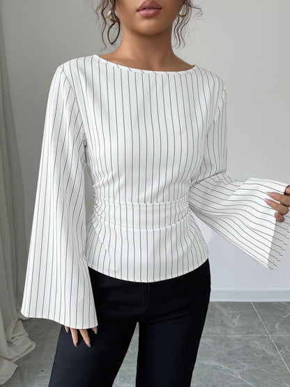 Boat Neck Bell Sleeves Striped Lace-Up Blouse