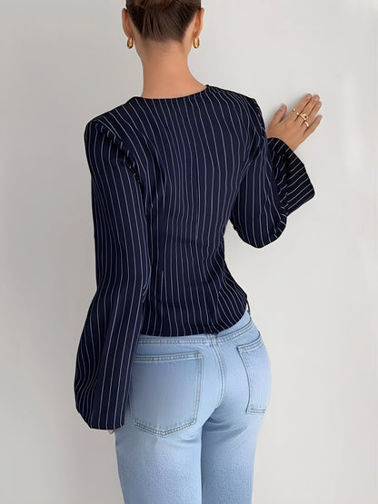 Striped Long Bell Sleeves Cinched Waist Blouse