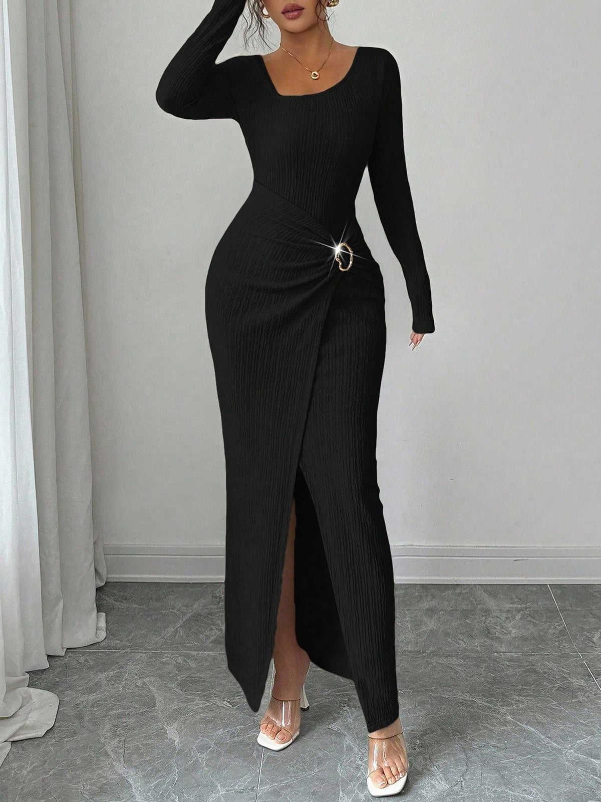 Irregular Neck Textured Ruched Slit Bodycon Dress