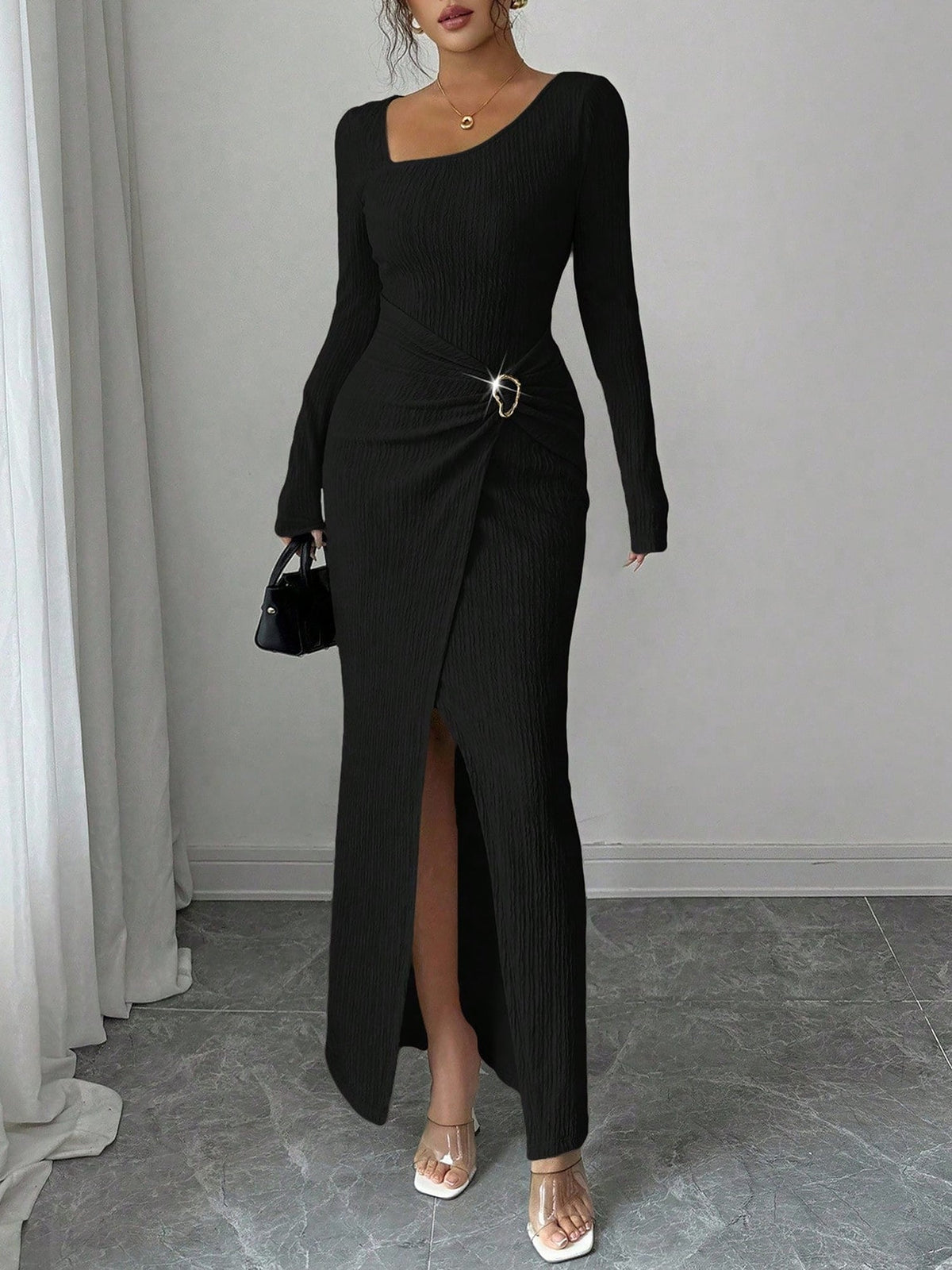Irregular Neck Textured Ruched Slit Bodycon Dress