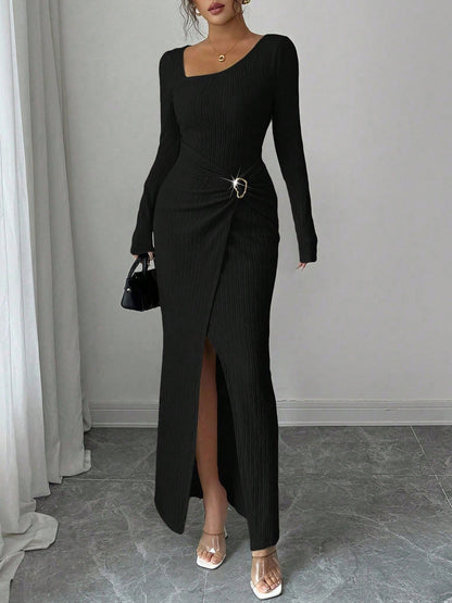 Irregular Neck Textured Ruched Slit Bodycon Dress