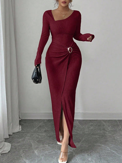 Irregular Neck Textured Ruched Slit Bodycon Dress