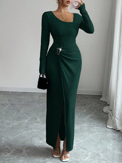 Irregular Neck Textured Ruched Slit Bodycon Dress