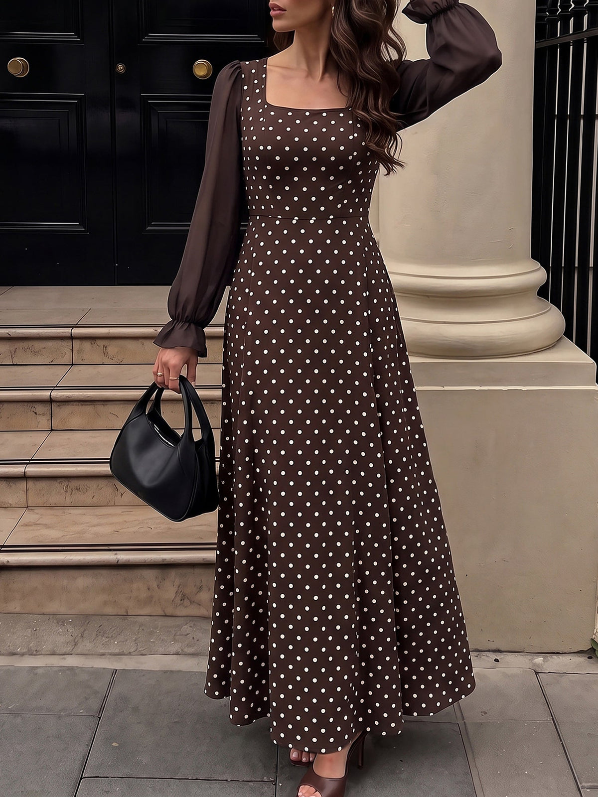 Square Neck Polka Dots Mesh Puff Sleeves Maxi Dress