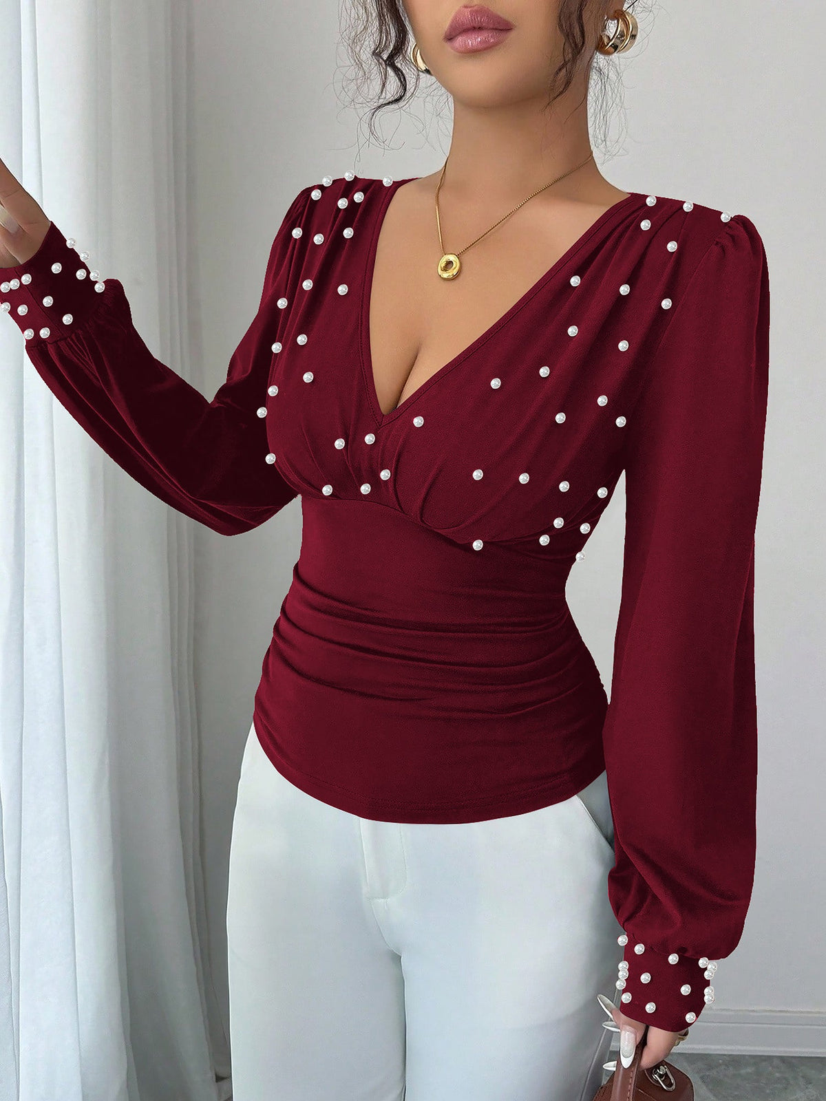 Ruched Faux Pearl Decor Long Sleeves Blouse