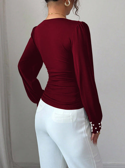 Ruched Faux Pearl Decor Long Sleeves Blouse