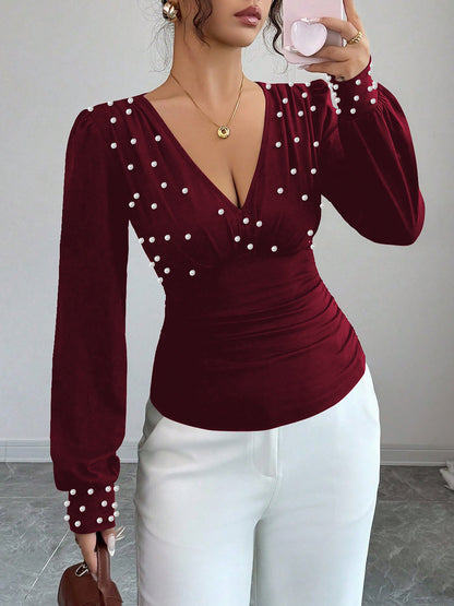 Ruched Faux Pearl Decor Long Sleeves Blouse
