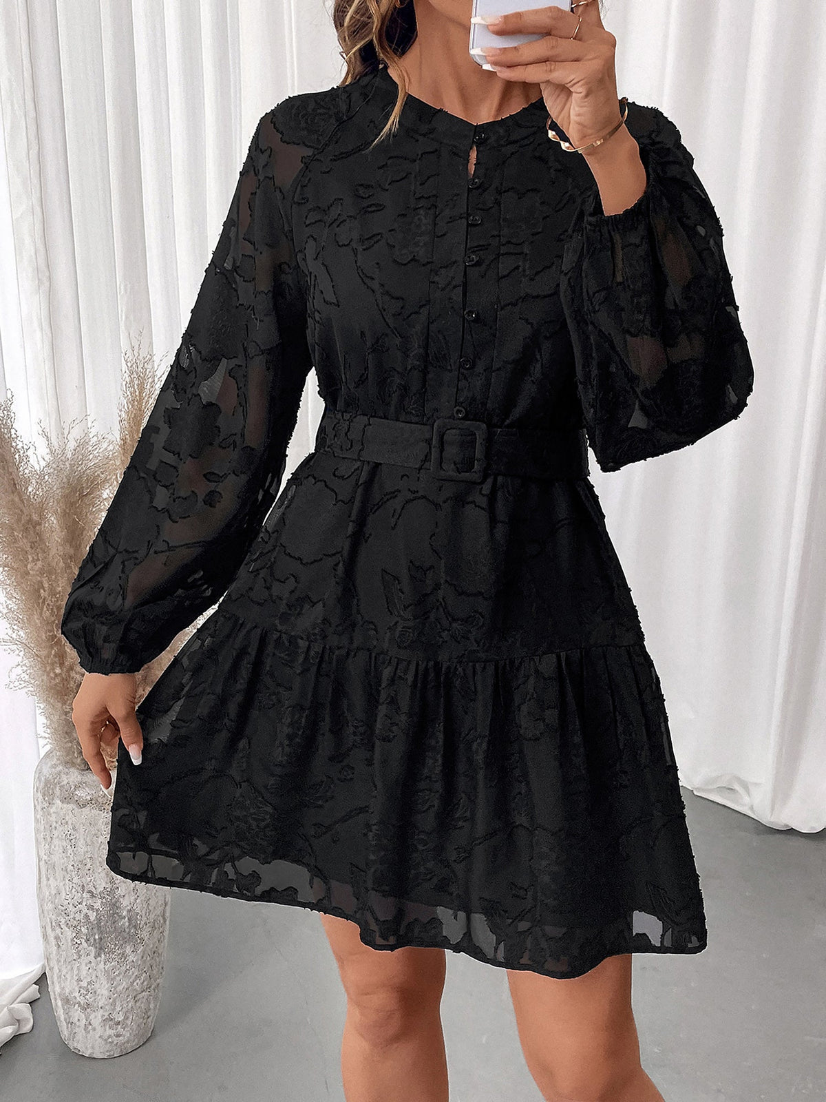 Textured Sheer Puff Sleeves Belted Tiered Mini A-Line Dress