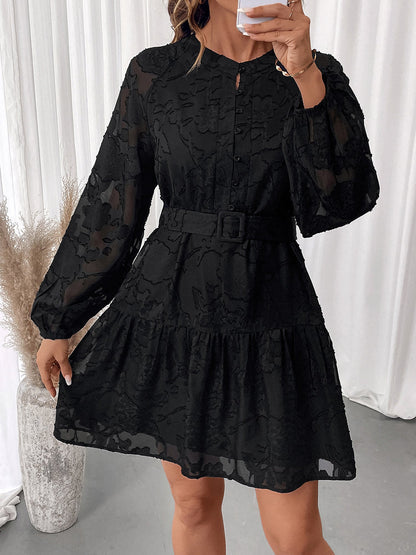 Textured Sheer Puff Sleeves Belted Tiered Mini A-Line Dress