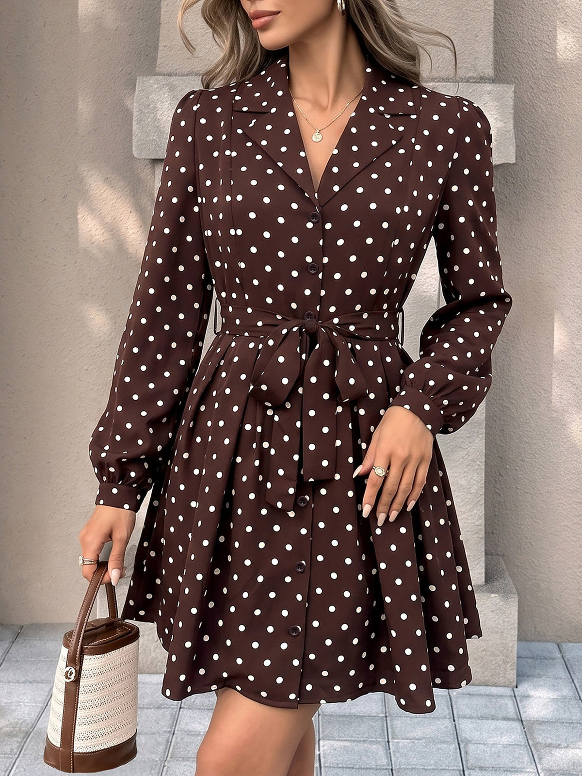 Polka Dots Puff Long Sleeves Tie Waist A-Line Shirt Dress