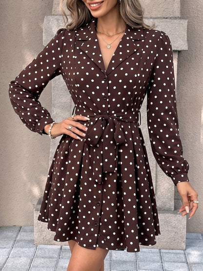 Polka Dots Puff Long Sleeves Tie Waist A-Line Shirt Dress