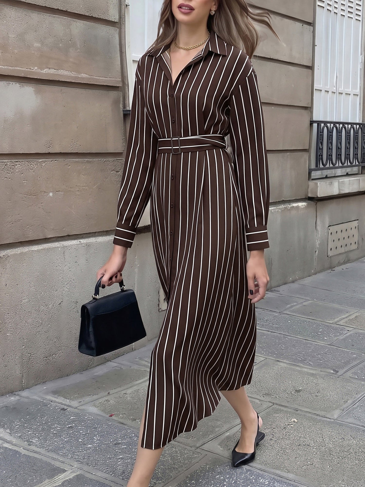Striped Long Sleeves Belted Maxi Shirt Dress