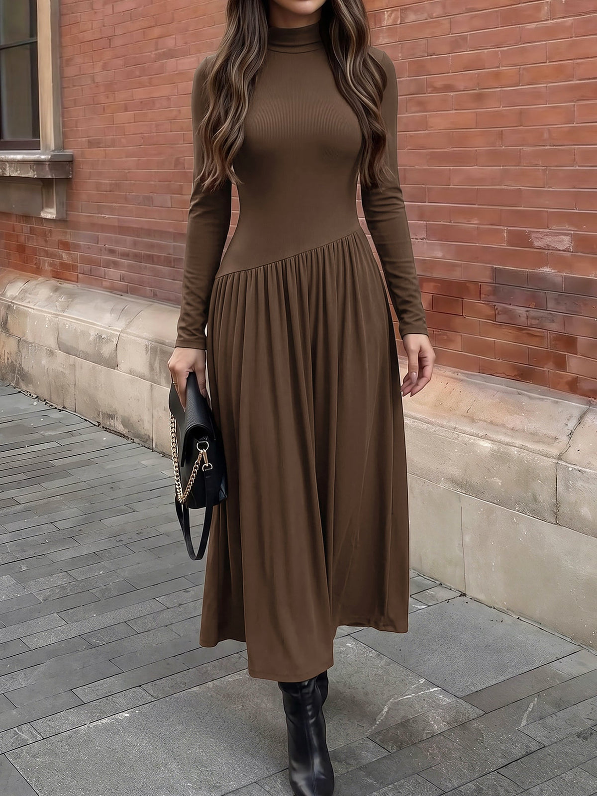 Mock Neck Long Sleeves Irregular Waistline Maxi Dress