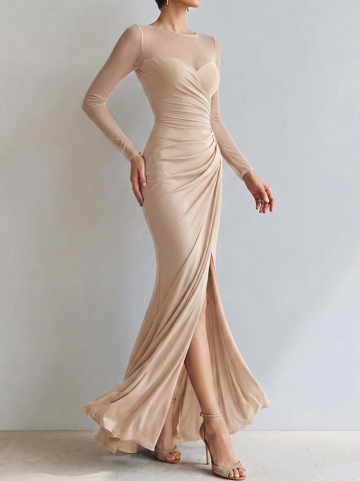 Mesh Illusion Neck Ruched Slit Maxi Prom Dress