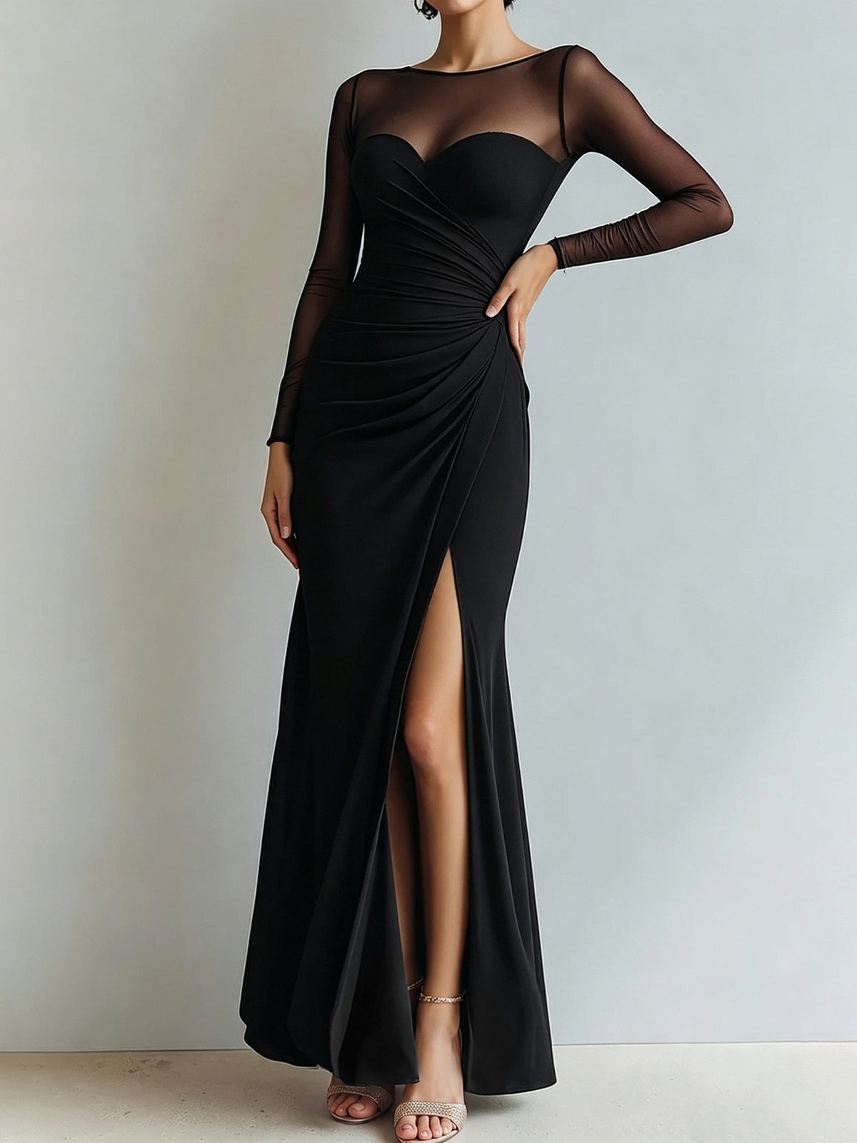 Mesh Illusion Neck Ruched Slit Maxi Prom Dress